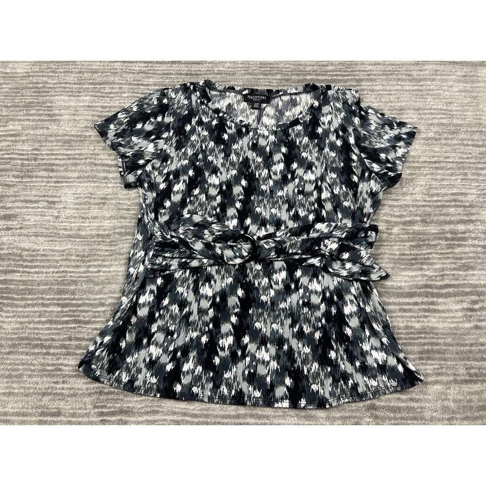Perceptions Woman Blouse Women 16W Black White Abstract Ikat Belted Short Sleeve